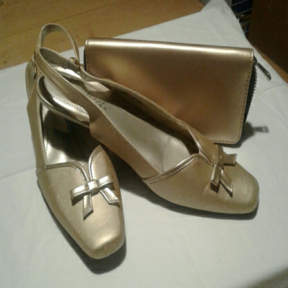 Gold tone shoes and wallet